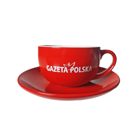 Czerwona Filiżanka z podstawką z logo : Gazeta Polska