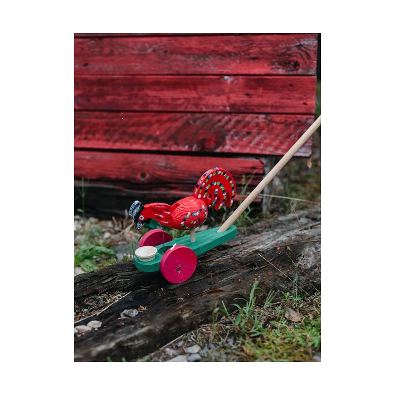 Drewniana pchanka - czerwony kogucik z miską 22x9,5x15 cm