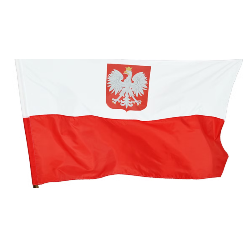 Flaga Polski z Godłem 112x70 cm tunel na drzewiec