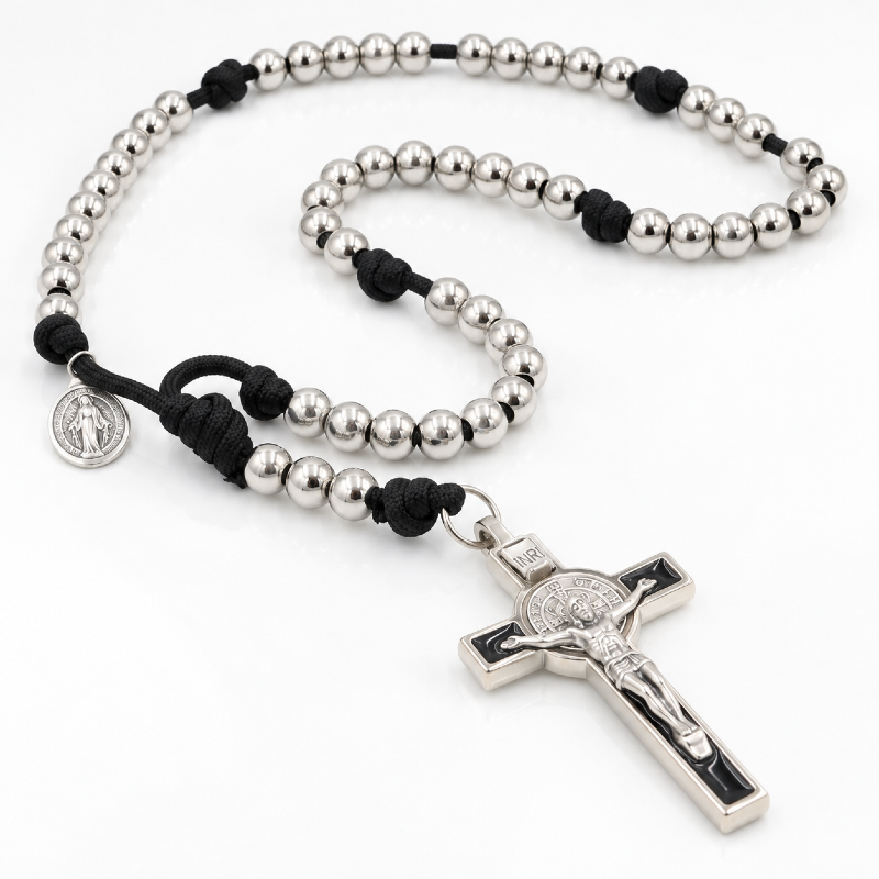 Różaniec Wojownika Maryi – stal chirurgiczna, Paracord III, krzyż św. Benedykta